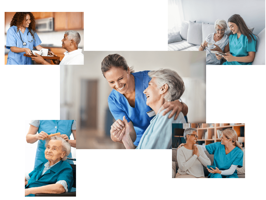 Collage of images showcasing compassionate interactions between Illinois home healthcare medical personnel and patients, illustrating diverse healthcare professionals providing attentive care, and engaging in supportive conversations with patients of various ages and backgrounds.