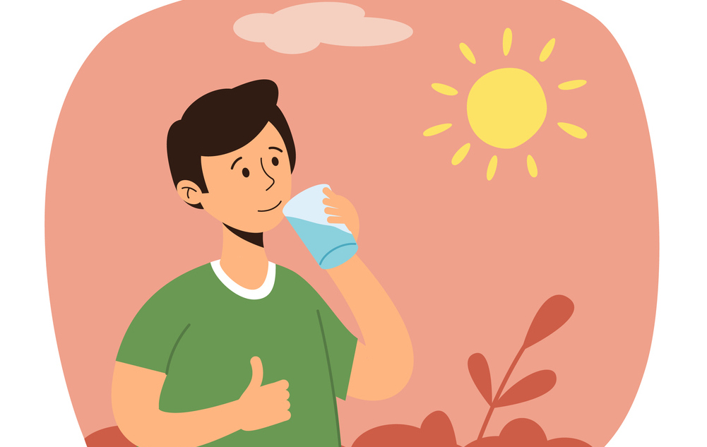 Man drinks cold water. Need to drink water on a hot summer sunny day. Risk of heat stroke, dizziness, or malaise.